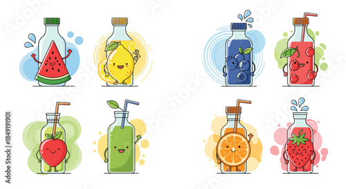 A cute collection of cartoon fruit and berry juice characters in glass bottles with happy faces and fun poses.