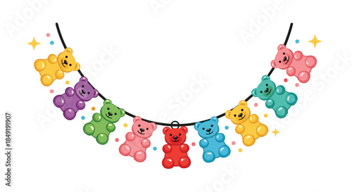 A festive garland made of colorful, smiling gummy bear candies hanging on a string with sparkles, on a white background.