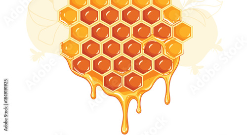 Realistic vector illustration of a golden honeycomb dripping with fresh, sweet honey, isolated on a white background.