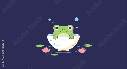 A cute green cartoon frog peeking out of a white bowl floating in a dark blue pond with water lilies and bubbles.