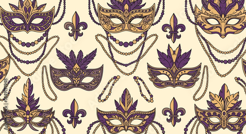 Seamless pattern with ornate Venetian masks, beads, and fleur-de-lis for Mardi Gras or carnival celebrations.