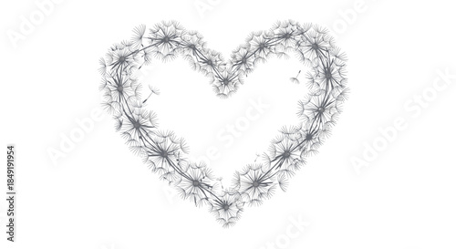 A delicate heart-shaped wreath made from dandelion flowers with seeds blowing in the wind, symbolizing love and wishes.