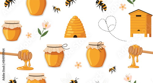 Seamless pattern with cute cartoon illustrations of honey jars, bees, and beehives on a clean white background.