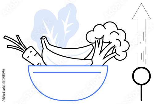 Nutrition, growth, healthy lifestyle, food choices, sustainability, natural living. Bowl with banana, broccoli carrot and leaves. Nutrition and growth concept