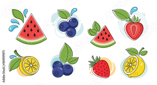 A fresh set of summer fruit and berry illustrations including watermelon, lemon, and strawberry with dynamic water splashes.