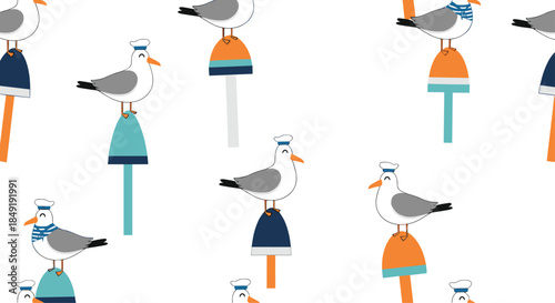 A cute nautical seamless pattern with cartoon seagulls wearing sailor hats and collars sitting on colorful buoys.
