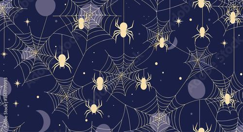 A spooky seamless Halloween pattern with spiders hanging from webs against a dark blue night sky with stars and moons.
