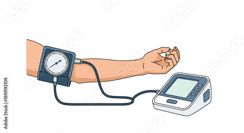 A medical illustration of a person's arm undergoing a blood pressure check with a digital sphygmomanometer and cuff monitor.