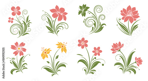 A beautiful set of eight vintage-style floral arrangements with a textured, rustic effect in pink, yellow, and green colors.