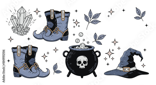 A magical set of witch-themed illustrations including a cauldron, hat, boots, and crystals in a charming, hand-drawn style.