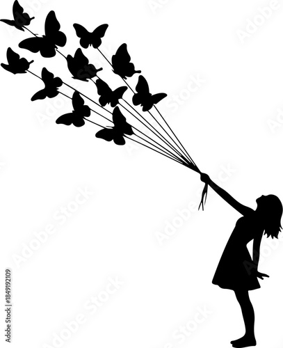 Little Girl Holding Butterfly Balloon Bouquet Illustration