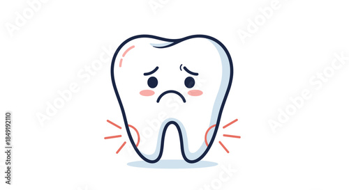 A cute but sad cartoon tooth character with a toothache, showing red inflammation marks indicating pain or sensitive gums.