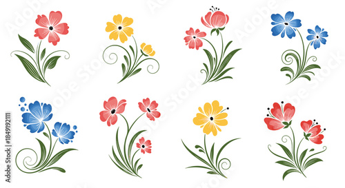 A lovely collection of eight colorful floral arrangements with a charming watercolor texture, perfect for decorative design elements.