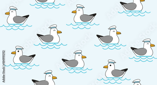 A cute and simple seamless pattern of cartoon seagulls wearing sailor hats and floating on blue waves on a light blue background.