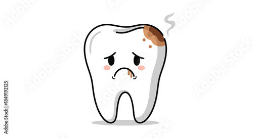 A sad and unhealthy cartoon tooth character with a painful looking cavity and a sad expression, isolated on a white background.