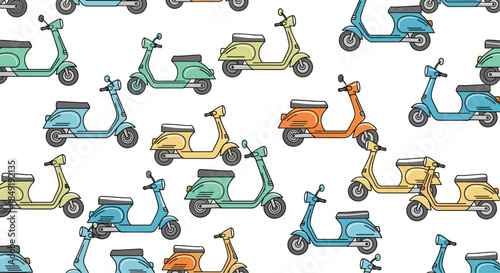 A fun and colorful seamless pattern of various retro-style motor scooters in different pastel colors on a white background.