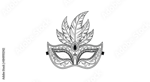 An ornate and elegant venetian masquerade mask with feathers, hand-drawn in a detailed black and white line art illustration.