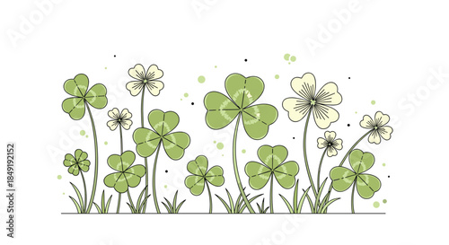 A charming line art illustration of a patch of green three-leaf and four-leaf clovers, symbolizing St. Patrick's Day luck.