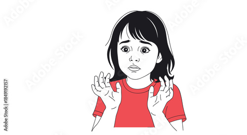 A dramatic black, white, and red illustration of a frightened young girl with a look of fear and her hands held up in shock.