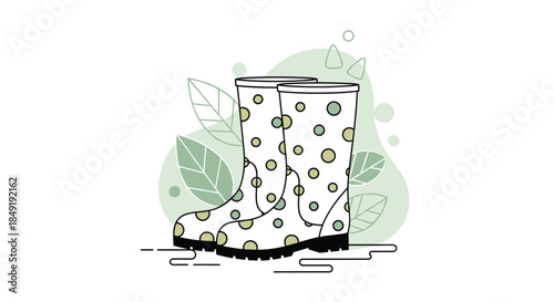 A stylish line art illustration of a pair of polka dot rain boots, set against a modern abstract green background with leaves.