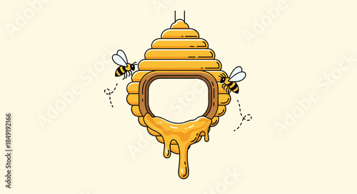 A cute cartoon frame in the shape of a beehive with honey dripping from the bottom and two bees flying on each side.