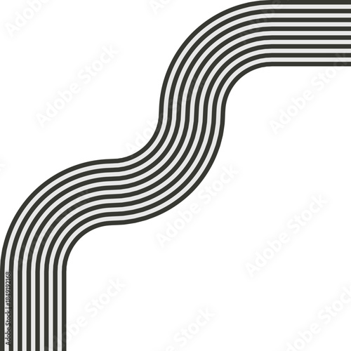 Striped path arranged as a maze with layered paths and wave continuity producing visual complexity.