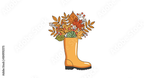 A charming autumn illustration of a yellow rain boot used as a vase for a bouquet of colorful fall leaves and berries.