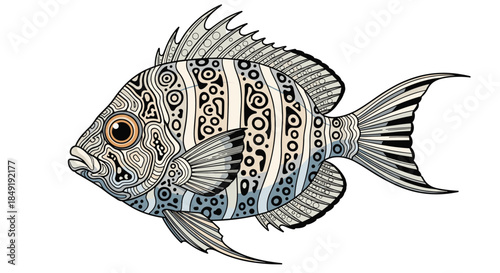 A highly detailed and intricate zentangle-style illustration of an ornamental fish, perfect for an adult coloring book page.