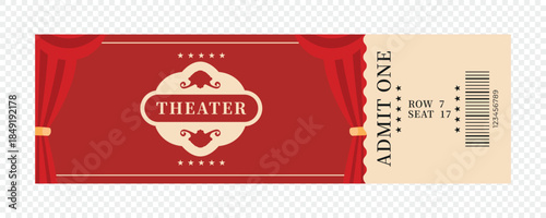 Classic red theatre ticket banner with decorative frame, performance admission design isolated on transparent background