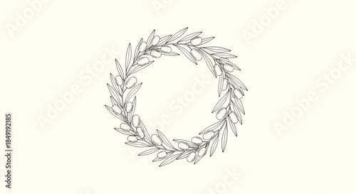 An elegant circular wreath or frame made from hand-drawn olive branches in a delicate black and white line art sketch style.