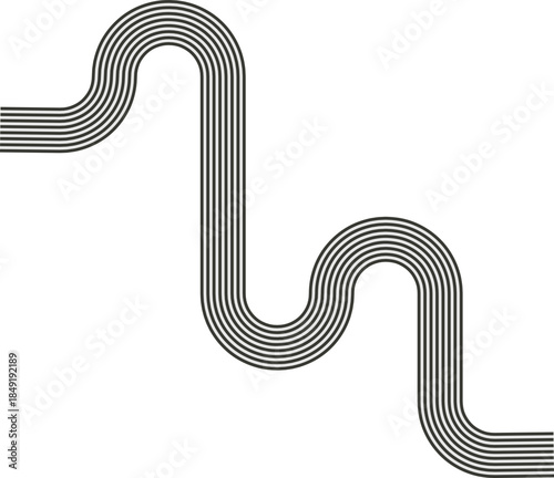 Striped path forming a maze pattern defined by wave motion and smooth directional turns.
