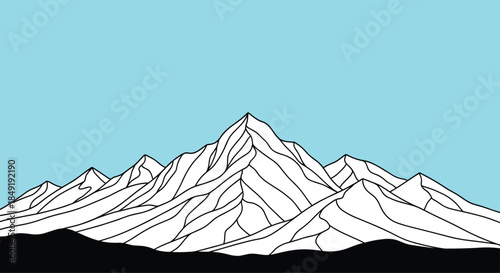 A minimalist line art illustration of a snowy mountain range under a solid blue sky, creating a stark and modern landscape.