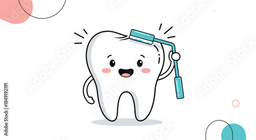 A cute cartoon tooth character happily getting a dental sealant applied, illustrating preventative care at the dentist office.