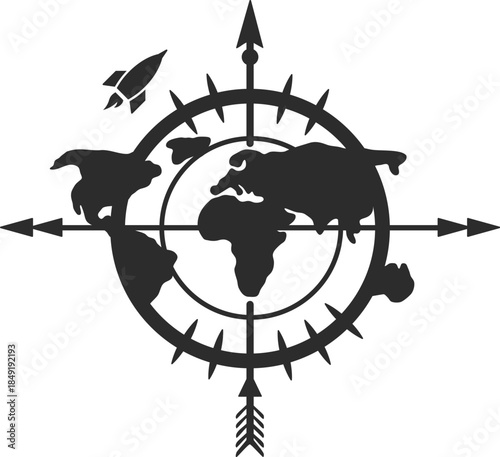 Black silhouette of a world map compass with a rocket