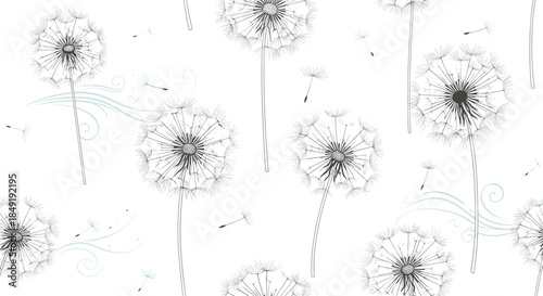 An elegant and delicate seamless pattern of dandelion flowers with their fluffy seeds being blown by a gentle stylized wind.