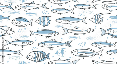 Seamless nautical pattern featuring a variety of hand-drawn fish in a simple line art style swimming on a white background.