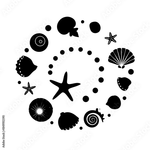 Black and white circular design of various musical notes
