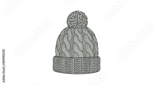 Detailed line art illustration of a cozy, cable-knit winter beanie with a folded cuff and a fluffy pom-pom on top.