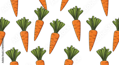 Bright and cheerful seamless pattern of fresh cartoon carrots with green tops, arranged neatly on a clean white background.