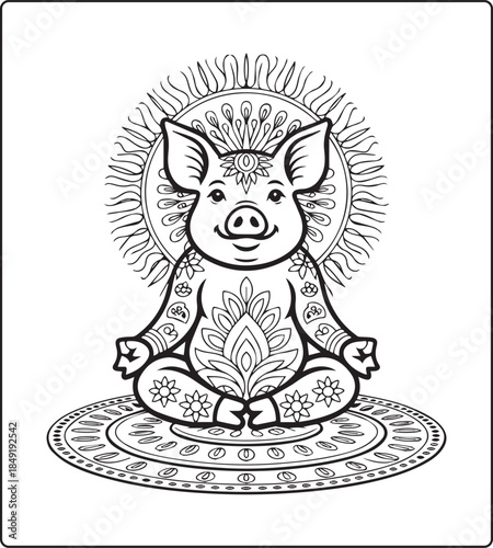 Cute pig with beautiful pattern detailed vector outline illustration coloring page for adults and children