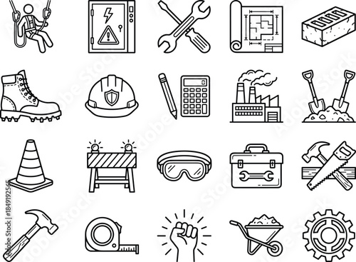 Construction safety outline icons set featuring tools equipment protective gear industrial work symbols vector illustration collection pack for building industry