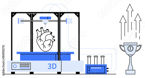 3D printing technology. 3D printing creating a heart model for medical advancements. 3D printing innovation for healthcare, education, research, engineering, and biotechnology