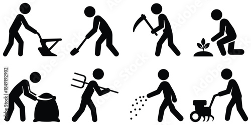 Stickman farming activity set, Agriculture work silhouette pack, Farmer action figure collection