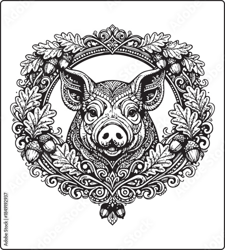 Cute pig with beautiful pattern detailed vector outline illustration coloring page for adults and children