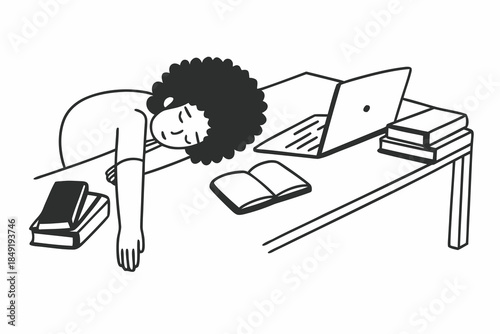 Exhausted Woman Slumped Over Desk with Laptop, Work Burnout Illustration
