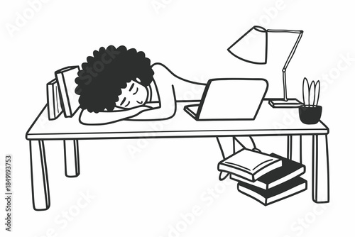 Burned Out Woman Lying on Desk at Workplace, Work Stress Illustration