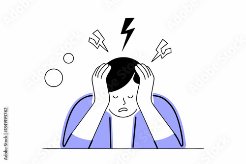 Stressed Woman Holding Head, Mental Burnout and Anxiety Illustration