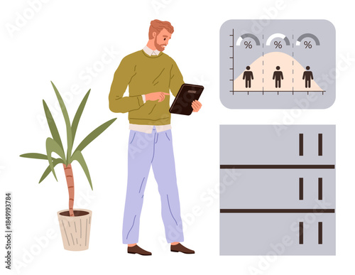 Person standing with tablet examining analytics, figures, chart, and organization elements. Ideal for business, analysis, teamwork, productivity, office management training simple flat metaphor