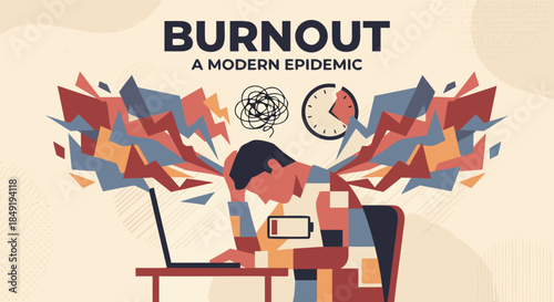 Burned out man with laptop and abstract energy lines under burnout headline