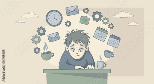 Exhausted man at desk with symbols of work overload and fatigue